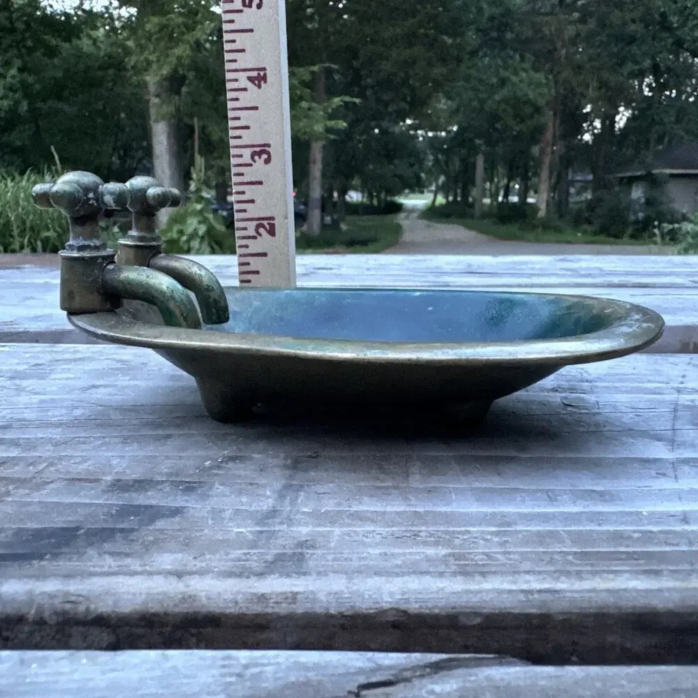 Vintage Brass Metal Footed Bathtub Soap Dish with Spigots Patina